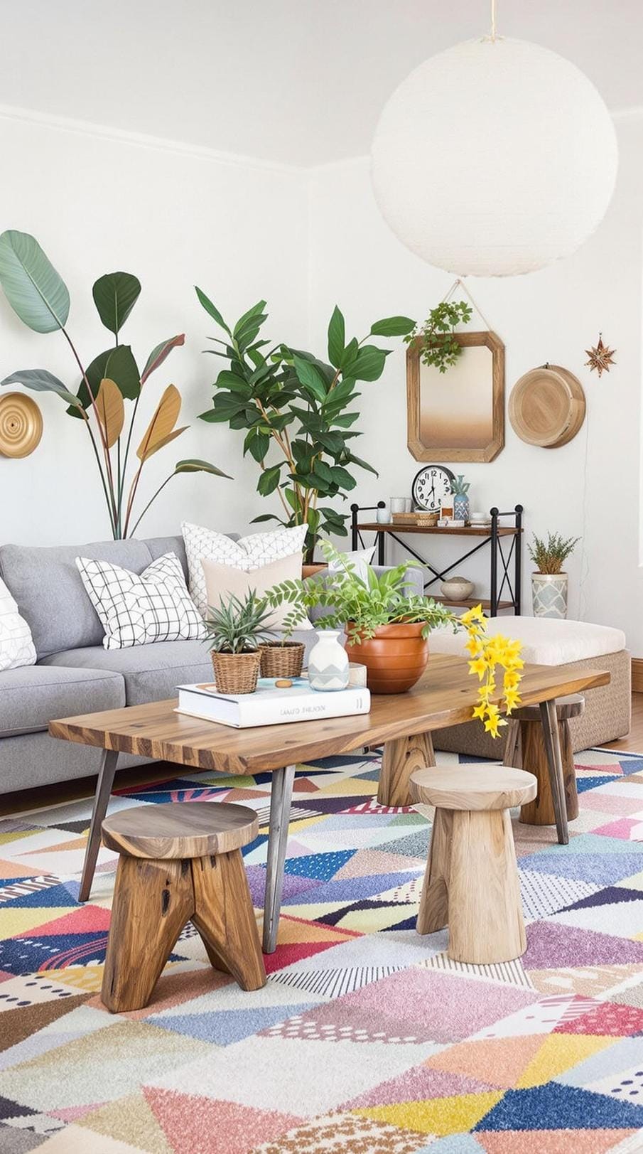 23 einzigartige Boho Farmhouse Wohnzimmer Ideen zum Kopieren 43 14. Eklektische Enklave: Kombinieren Sie verschiedene Epochen, verschmelzen einen Couchtisch aus der Mitte des Jahrhunderts mit rustikalen Farmhocker auf einem Patchwork-Teppich-0