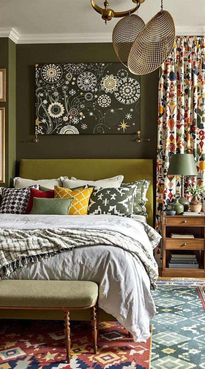 23 atemberaubende Ideen für olivgrüne Schlafzimmer, die Sie absolut lieben werden 43 13. Eklektisch olivgrünes Schlafzimmer mit kräftigen Mustern und gemischten Textilien-0