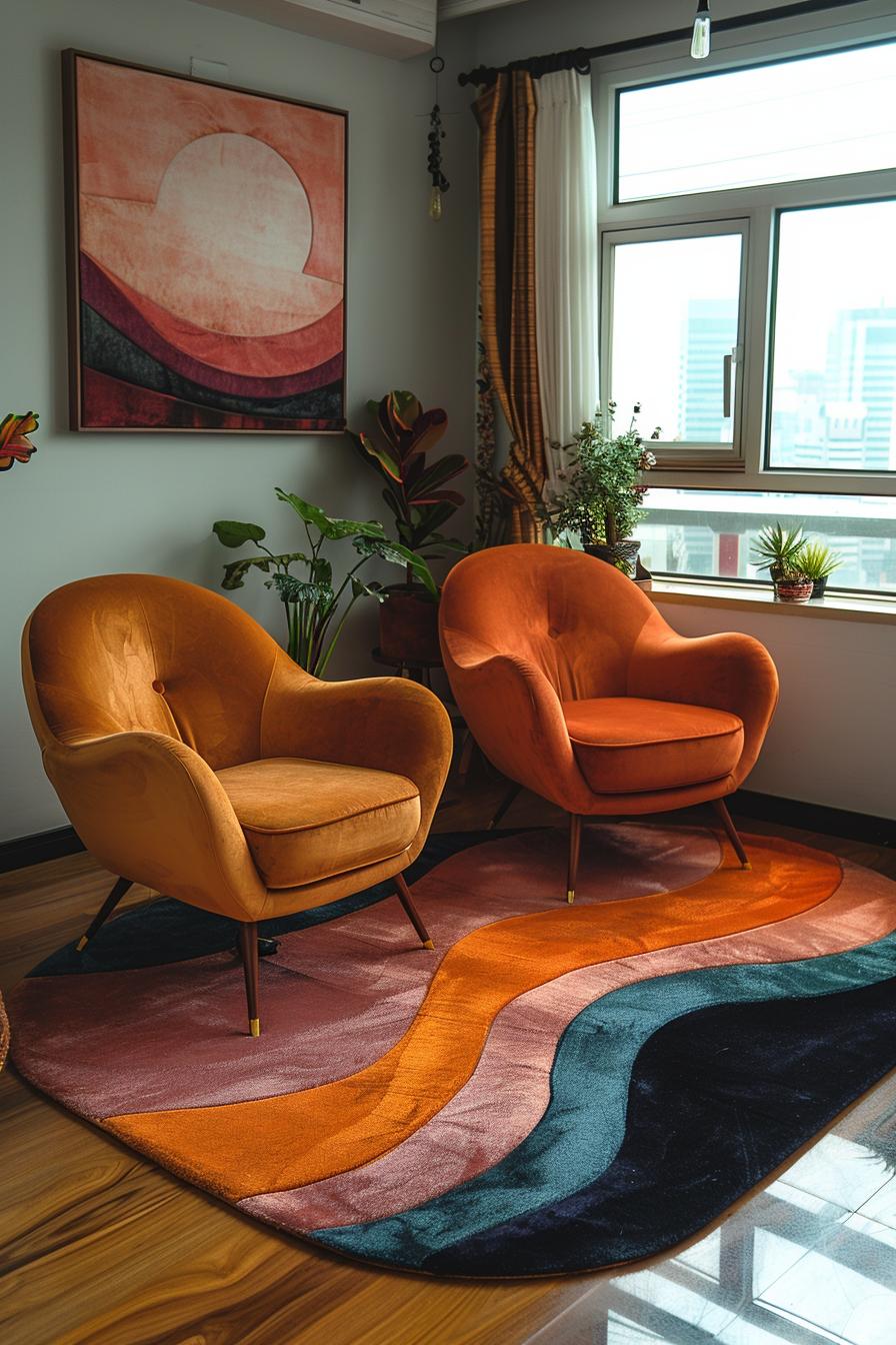 21 Cozy middle of the century modern living room ideas 41 13. Eklectic carpet pairing with seats-2