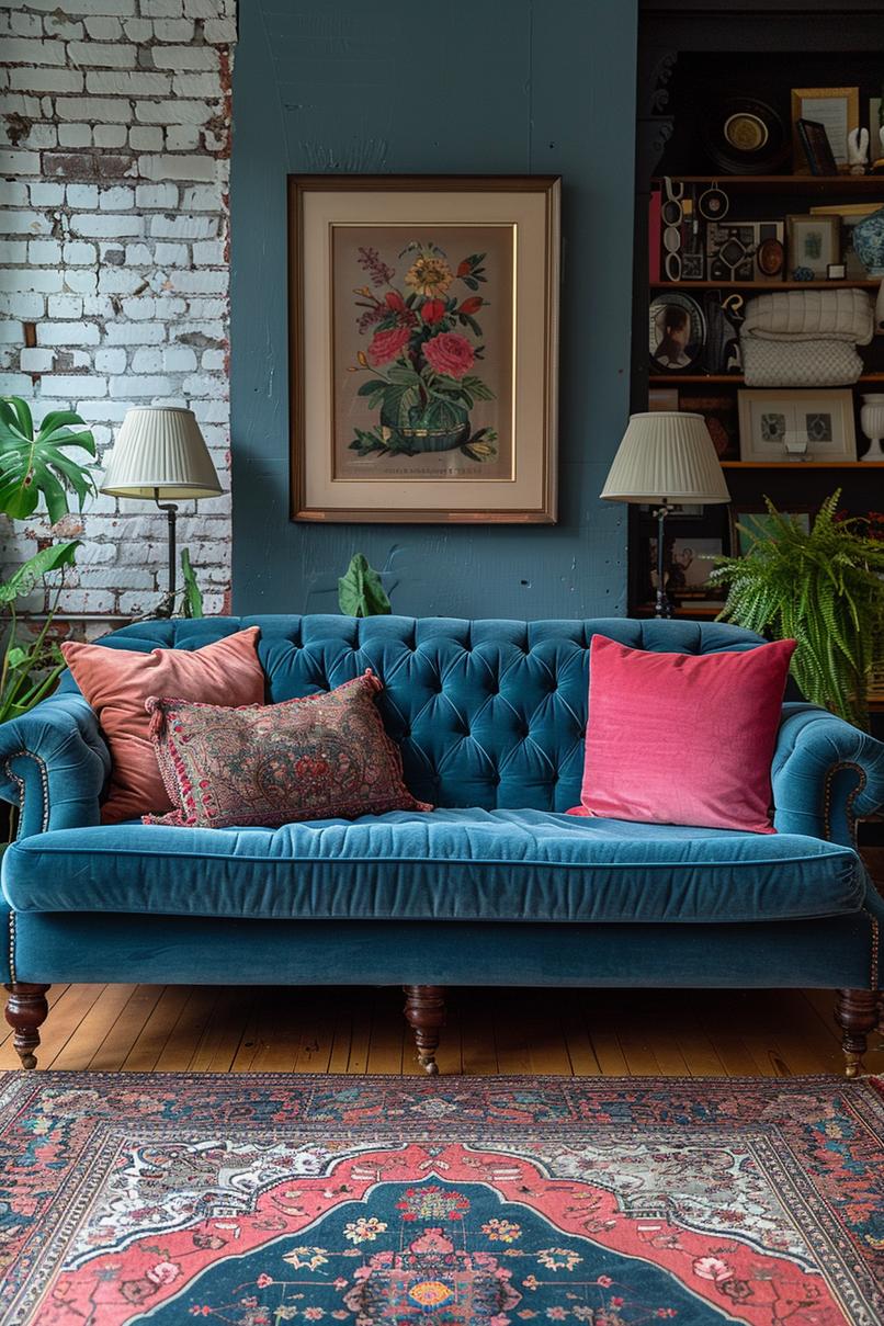 19 beautiful boho in the middle of the century modern living room 9 3. Eklectic carpet and pillow pairing-0