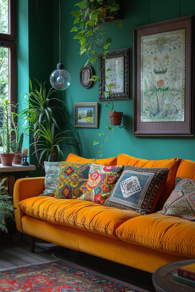 19 beautiful boho in the middle of the century modern living room 10 3. Eklectic carpet and pillow pairing-1