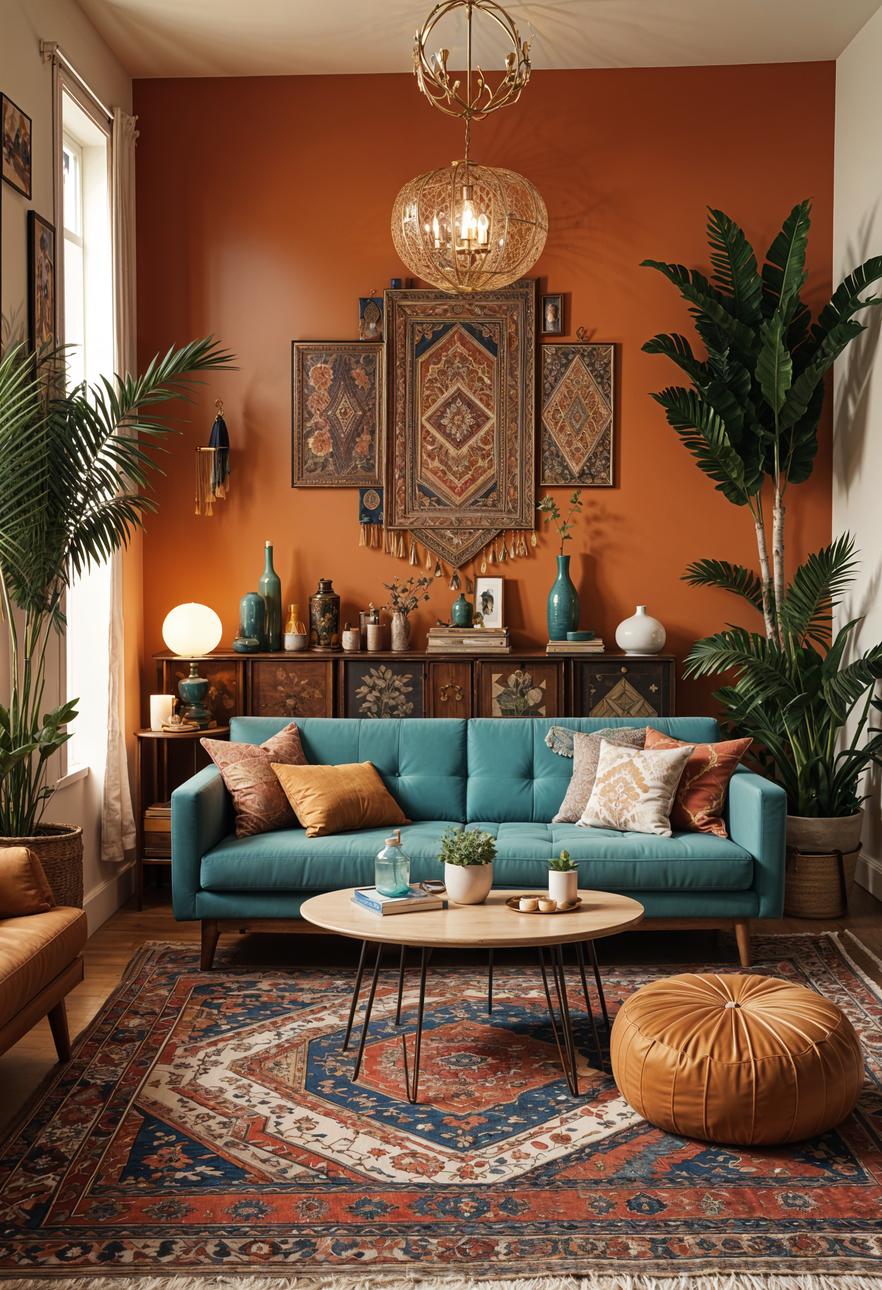 19 beautiful boho in the middle of the century modern living room 11 3. Eklectic carpet and pillow pairing-2