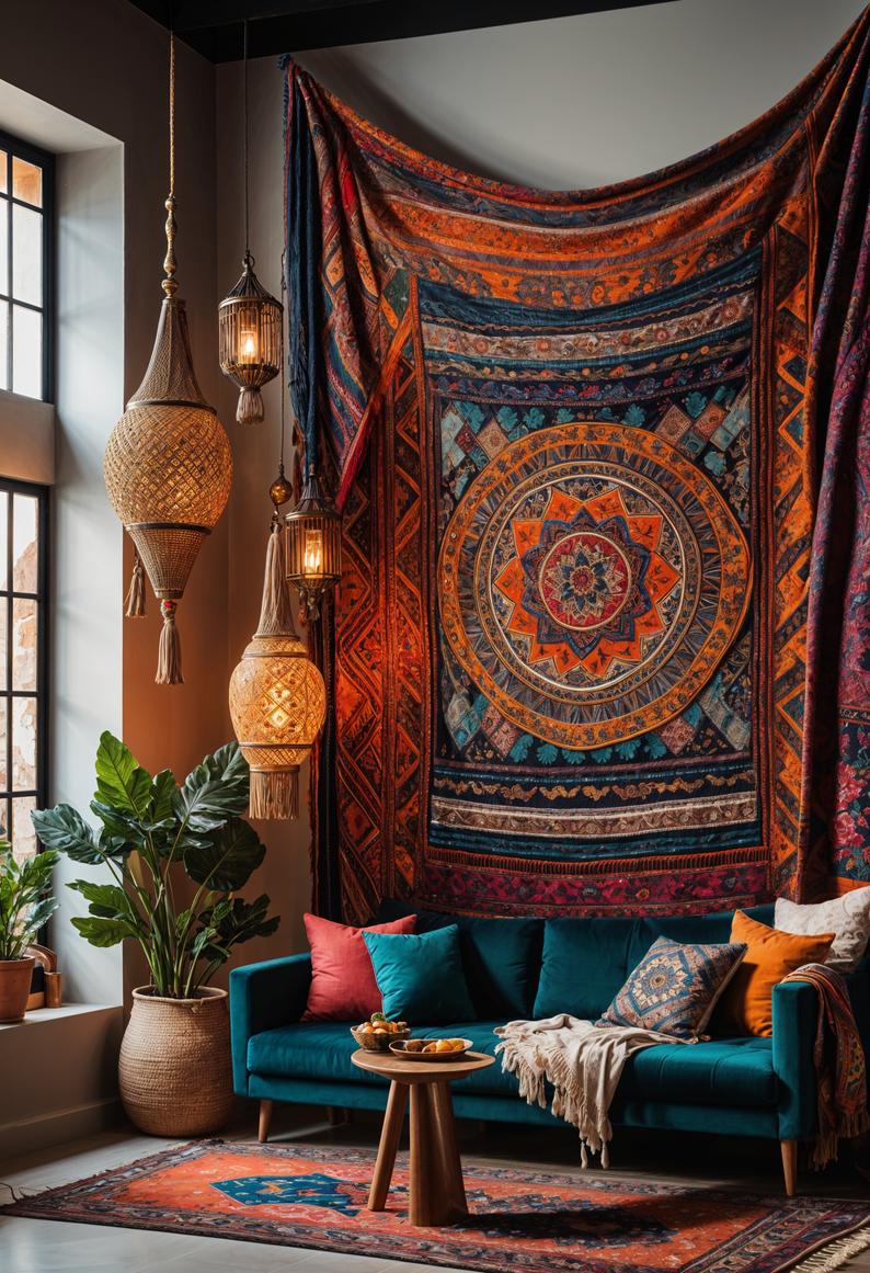 45 Chic & Modern Boho Living Room Ideas To Copy 47 20. Eclectic Tapestry Wall Décor-0