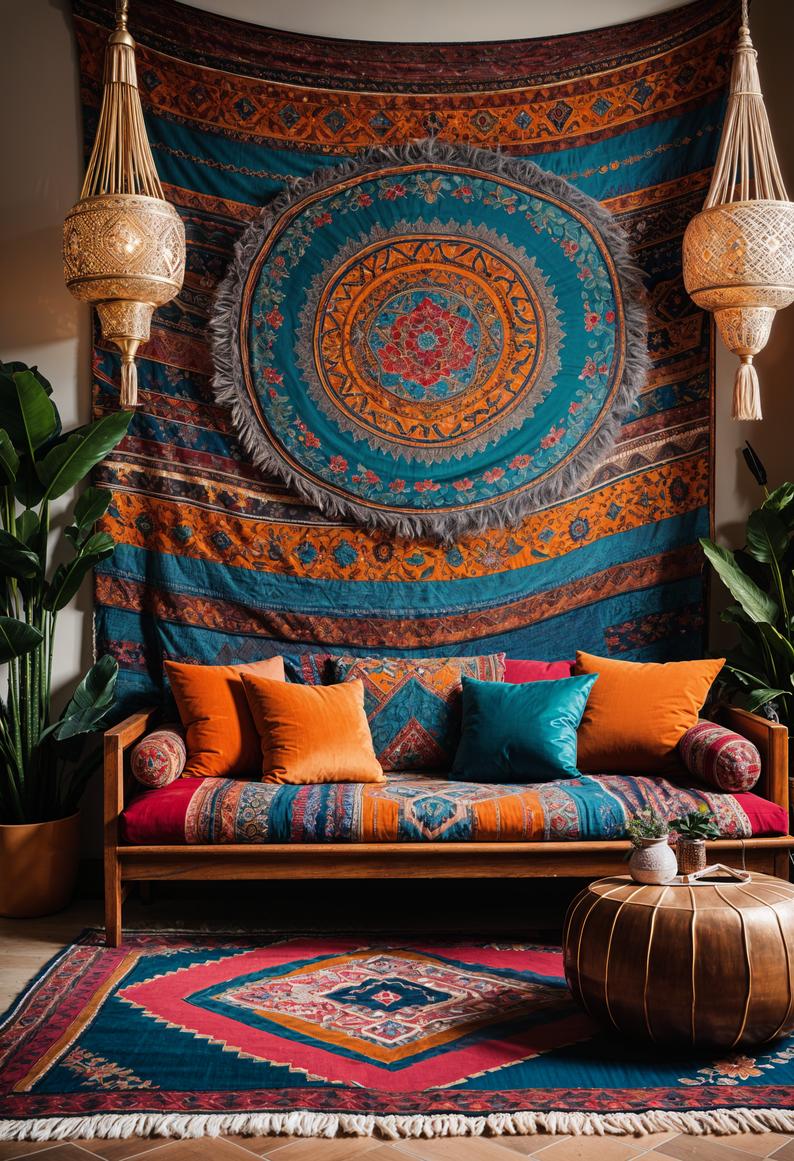 45 Chic & Modern Boho Living Room Ideas To Copy 48 20. Eclectic Tapestry Wall Décor-1