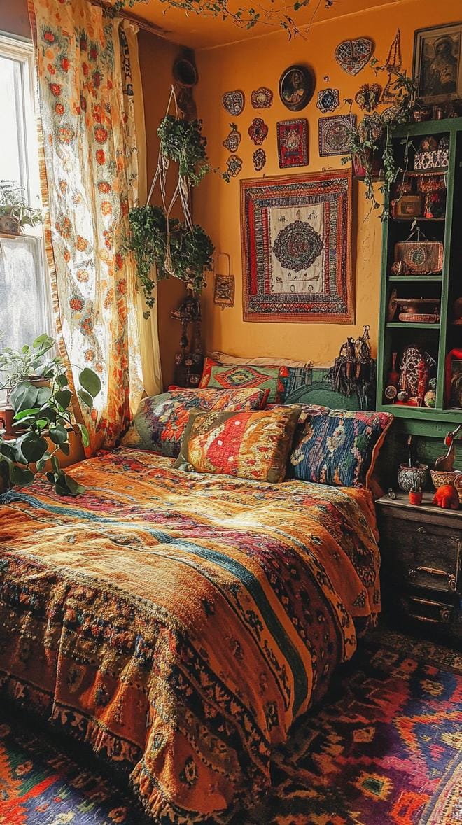 21 colorful boho bedroom ideas for a bizarre hippie -vibe 34 12. Eklectic vintage charm: layer retro pattern of burned oranges and avocado green with ancient Finds-0