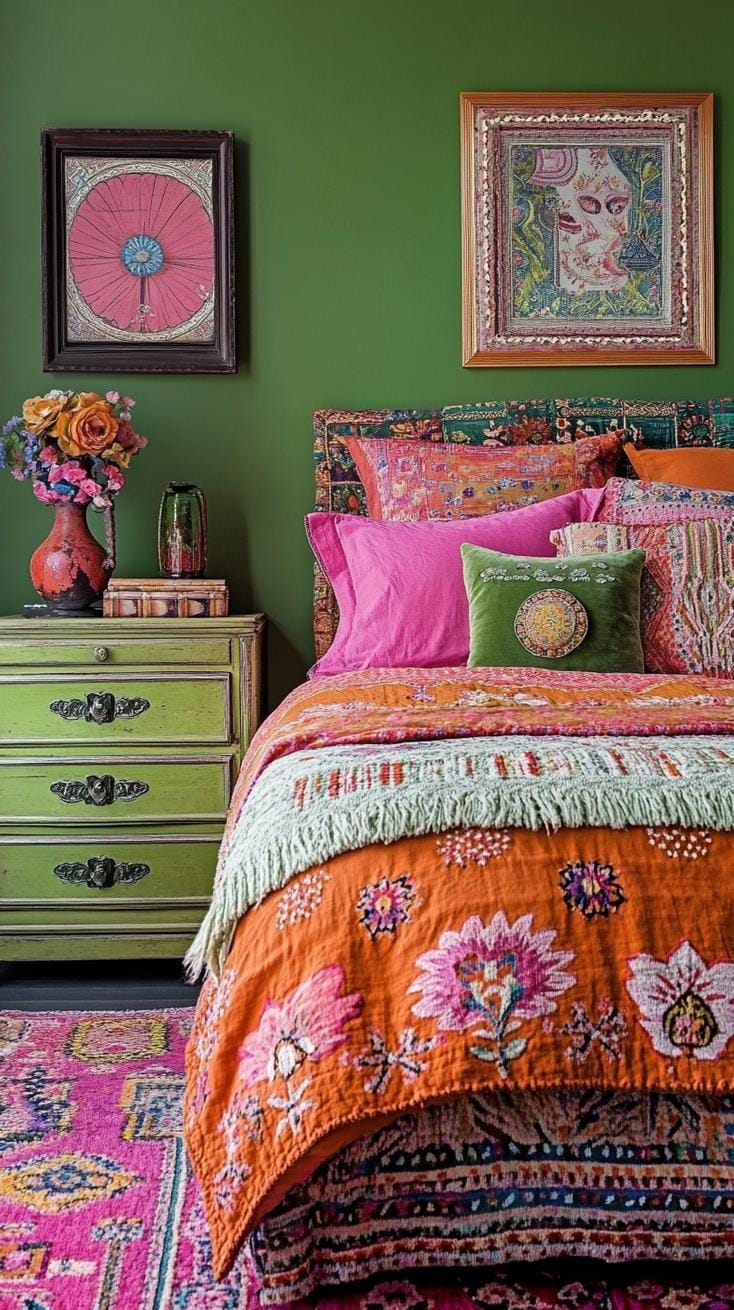 21 colorful boho bedroom ideas for a bizarre hippie vibe 35 12. Eklectic vintage charm: layer retro pattern of burned oranges and avocado grass with antique find-1