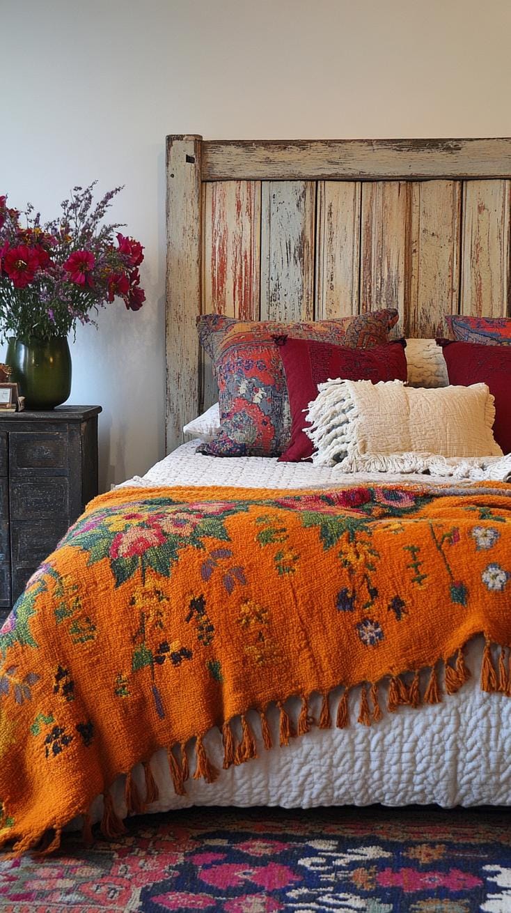 21 colorful boho bedroom ideas for a bizarre hippie mood 36 12. Eklectic vintage charm: layer retro pattern of burned oranges and avocado green with antique finds-2