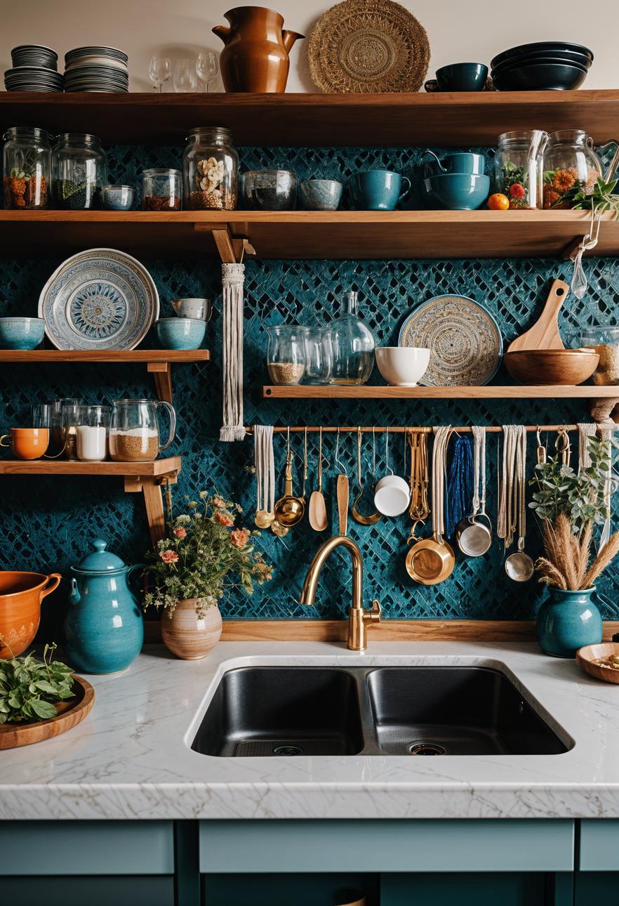 27 Stunning Boho Kitchen Designs That Will Inspire You 15 9. Eclectic Vintage Kitchen Shelving-0