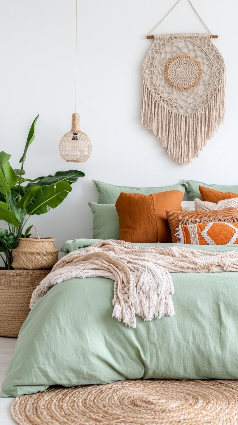 25 Trendy Sage Green Schlafzimmer Ideen für 2025 15 5. Eklektisch-böhmisches Versteck mit Salbeigrün-Bettwäsche und Makramé-Wandbehänge-0