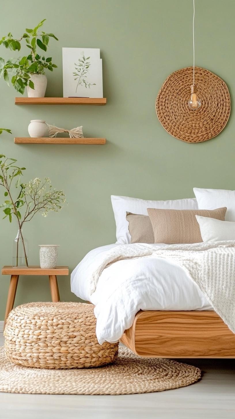 25 Trendy Sage Green Schlafzimmer Ideen für 2025 16 5. Eklektisch Bohemian Versteck mit Salbeigrün-Bettwäsche und Makramé-Wandbehänge-1