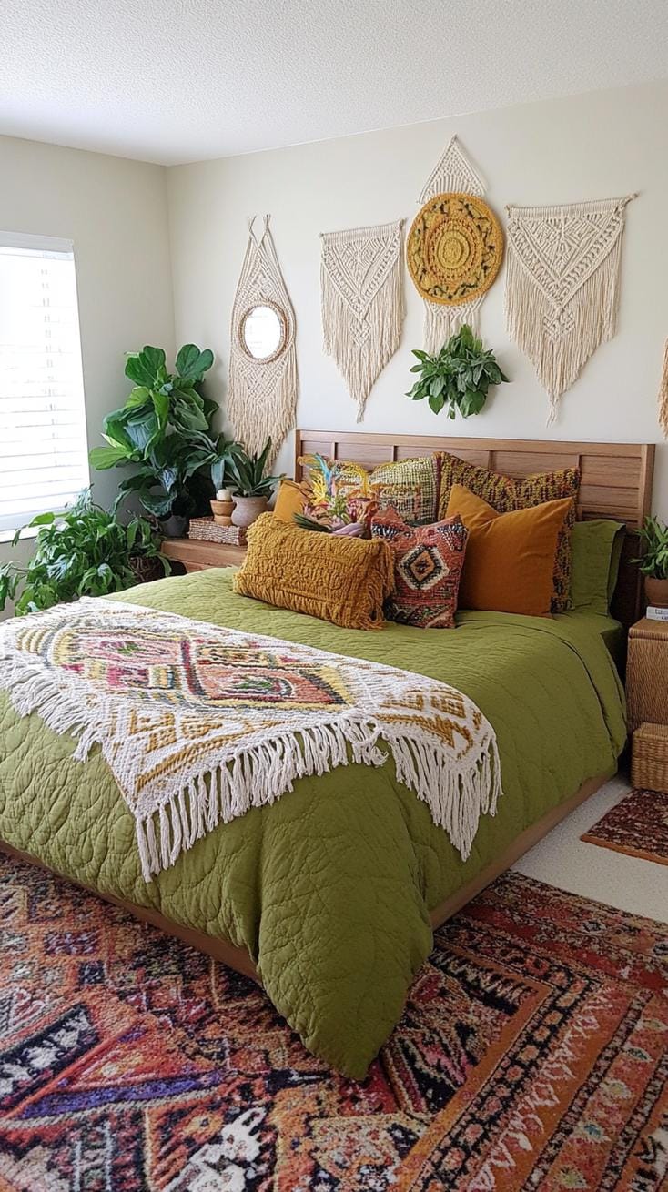 25 Trendy Sage Green Schlafzimmer Ideen für 2025 17 5. Eklektisch böhmisch versteckt mit Salbeigrün-Bettwäsche und Makramé-Wandbehänge-2