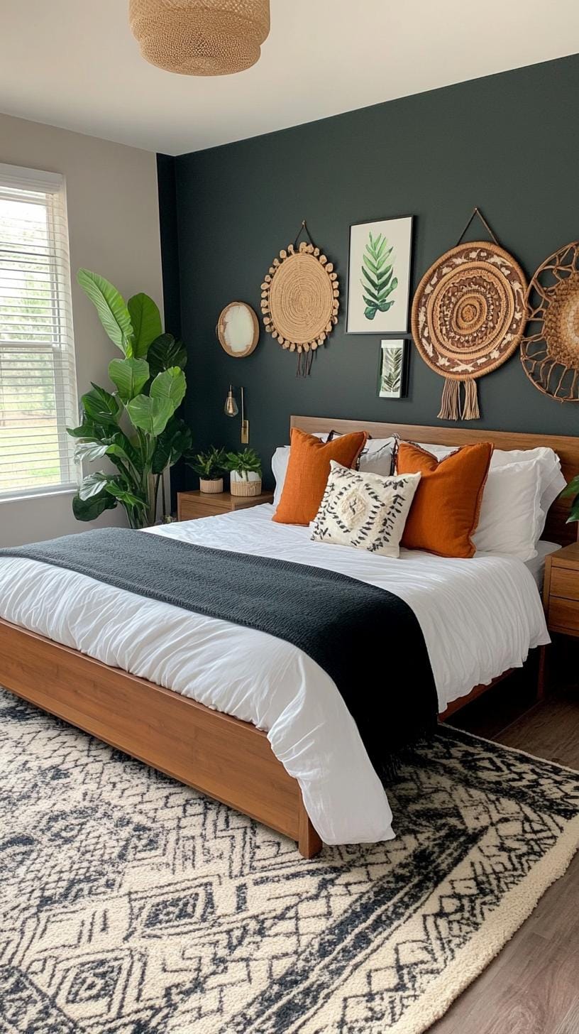 23 atmospheric Boho bedroom ideas to copy 69 23. Eklectic boho gallery wall with deep accents and plant-0