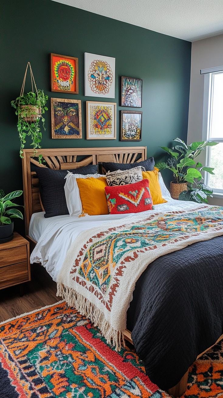 23 Wunderlich atmospheric boho bedroom ideas for copying 70 23. Eklectic boho gallery wall with deeply tinted accents and plant-1