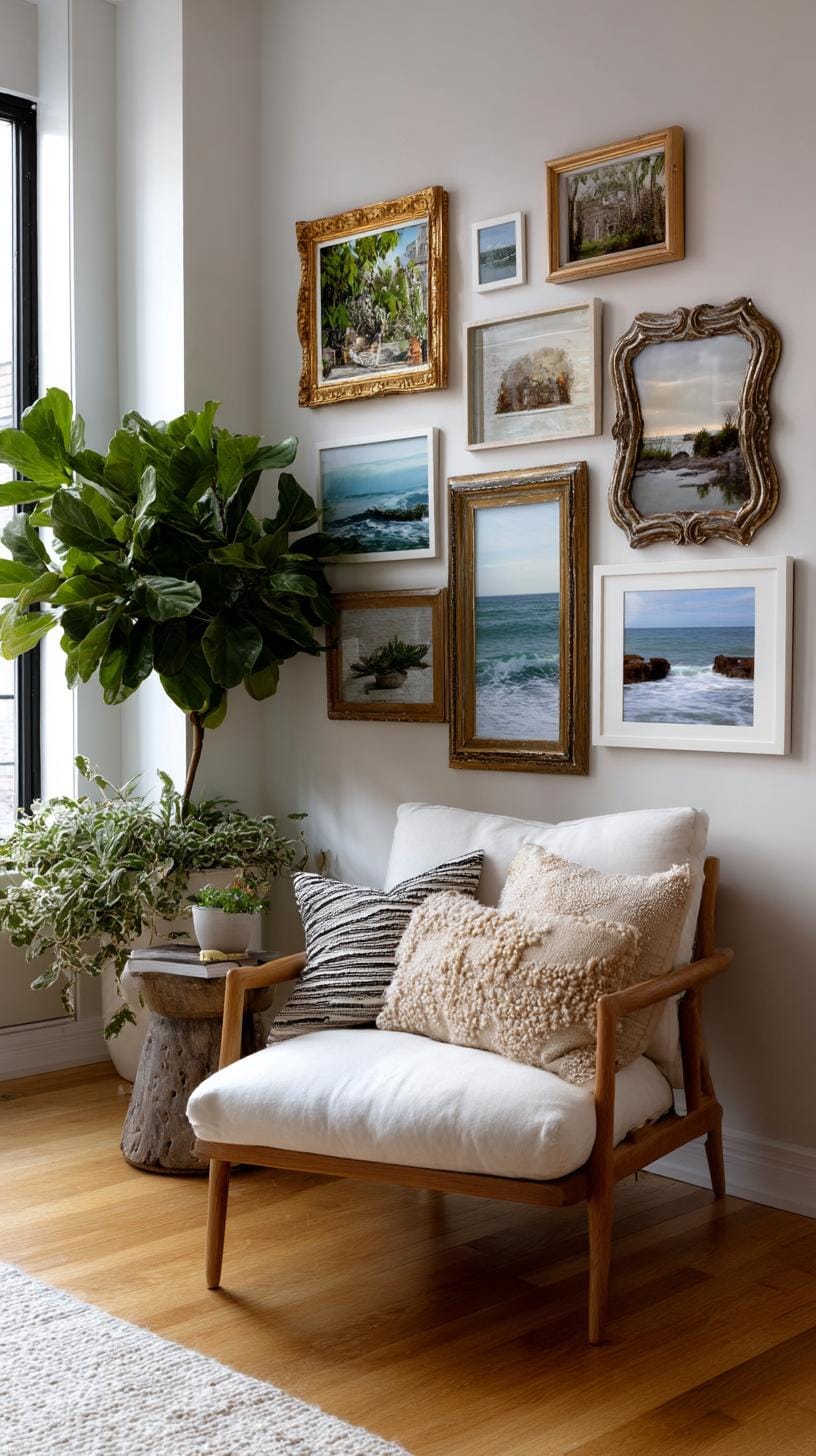 37 Gallery Wall Decor Ideas: Layouts And Styles to Elevate Any Room 6 2. Eclectic vintage cluster using mismatched antique frames around vintage prints-0
