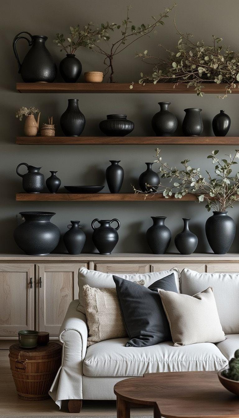 19 Cosy Moody farmhouse living room ideas, the wow 33 11. Elegant farmhouse shelf decoration ideas-0