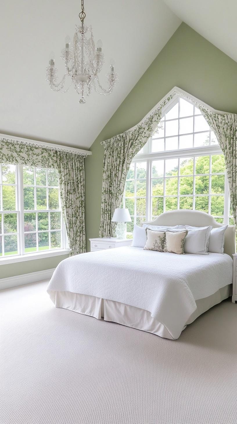 25 Trendy Sage Green Schlafzimmer Ideen für 2025 34 11. Elegantes französisches Landschlafzimmer mit Salbeigrün-Stoffen und weiß getünchtem Möbel-0