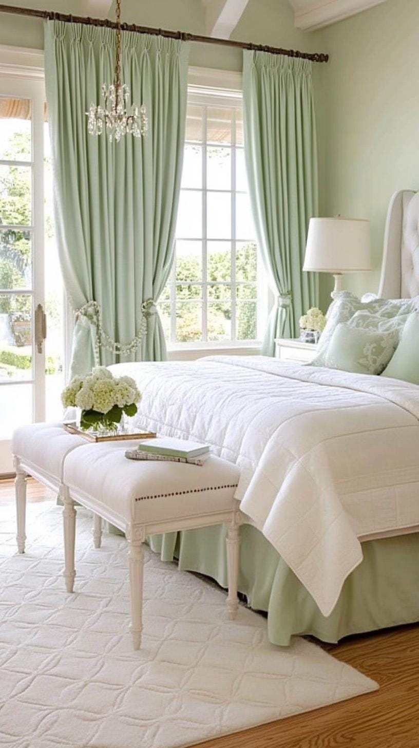 25 Trendy Sage Green Schlafzimmer Ideen für 2025 35 11. Elegantes französisches Landschlafzimmer mit Salbeigrün-Stoffen und weiß getünchtem Möbel-1
