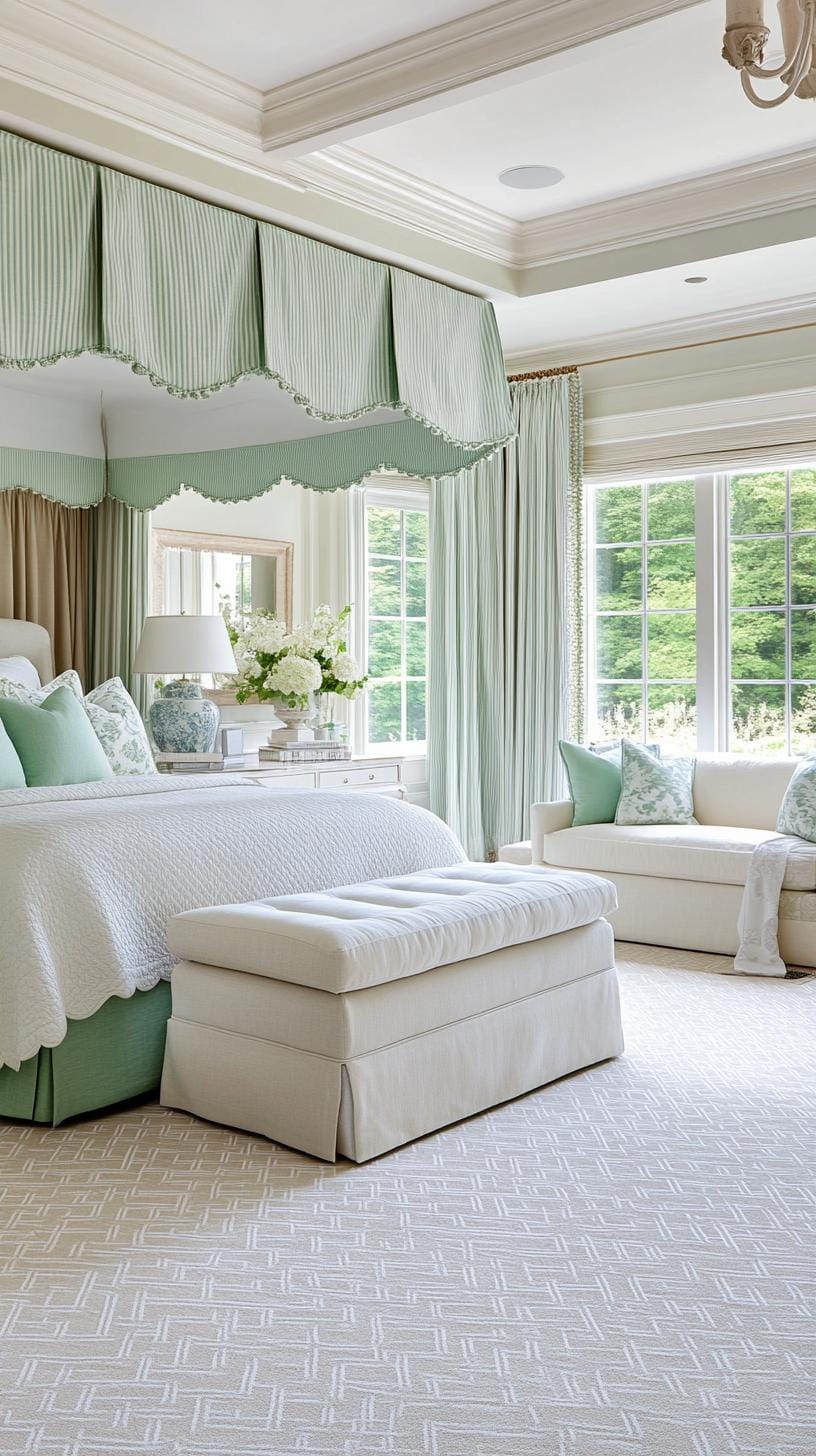 25 Trendy Sage Green Schlafzimmer Ideen für 2025 36 11. Elegantes französisches Landschlafzimmer mit Salbeigrün-Toil-Stoffen und weiß getünchtem Möbel-2