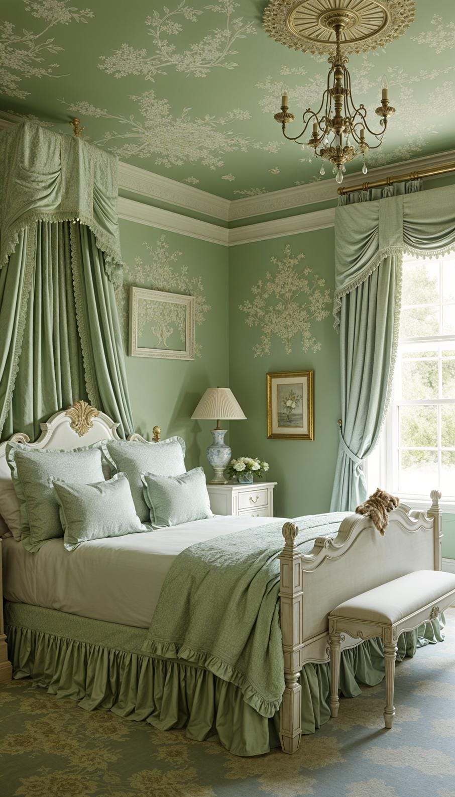 25 Trendy Sage Green Schlafzimmer Ideen für 2025 37 11. Elegantes französisches Landschlafzimmer mit Salbei-Green Toile Stoffen und weiß getünchten Möbel-3