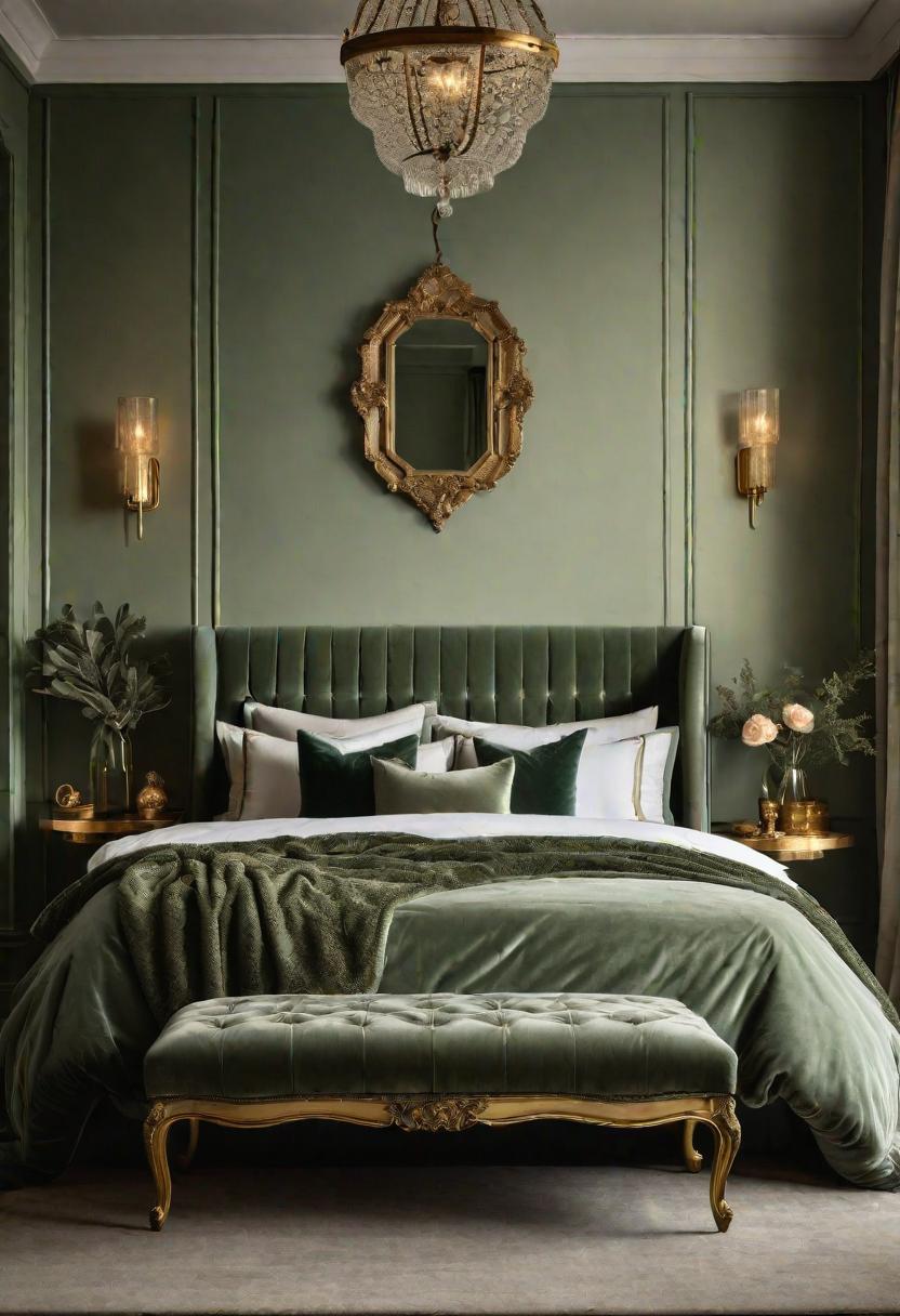 39 Sage Green Farmhouse Bedroom Ideas: Trendy Rustic Chic 19 9. Elegant Sage Velvet Headboard Decor-0