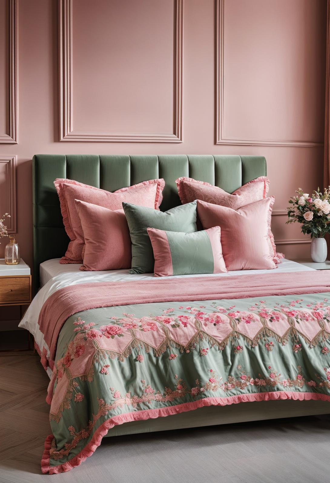 31 Chic Sage Green and Pink Bedroom Inspirations 39 26. Embroidered Throw Pillows: Sage Pink-0
