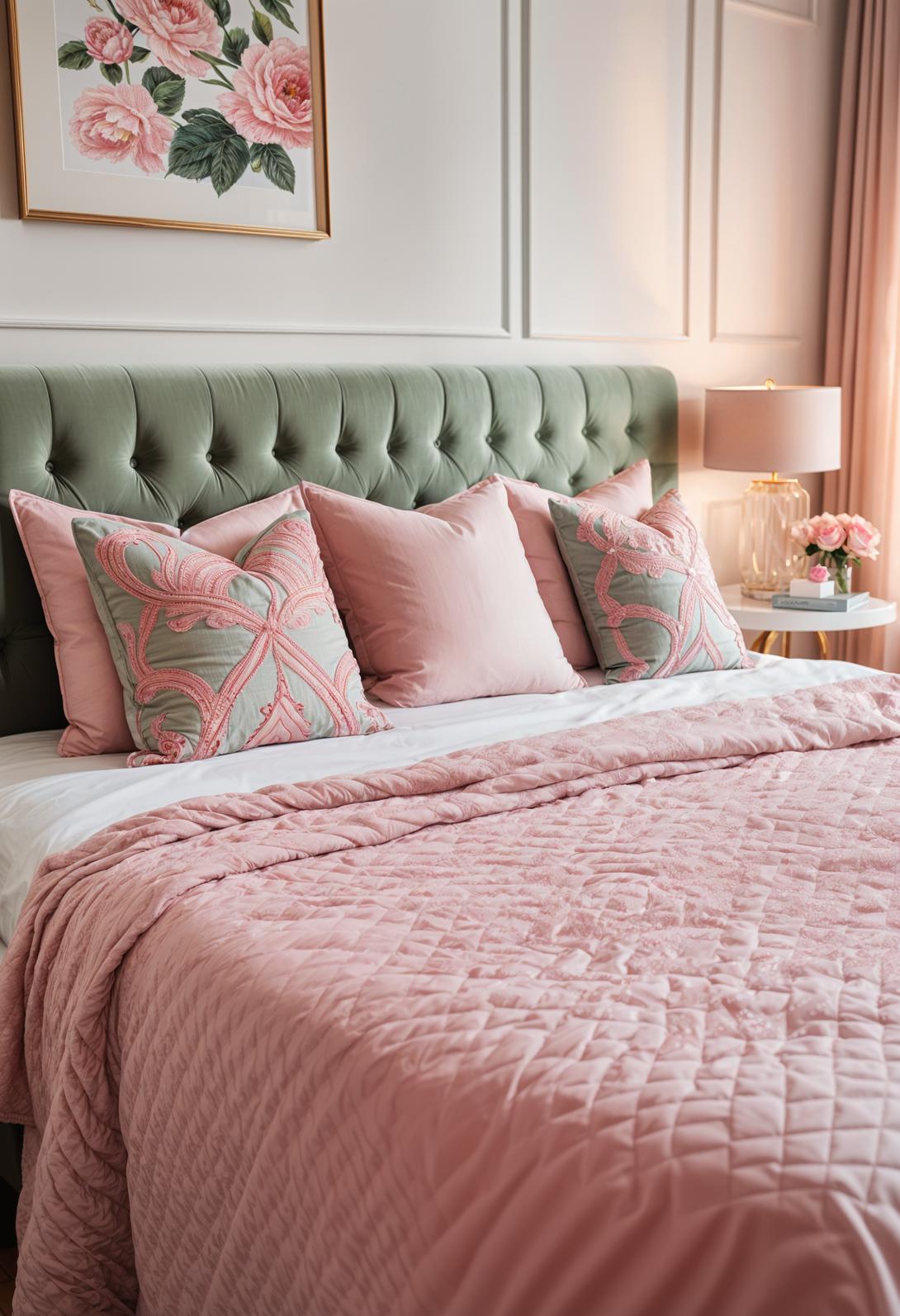 31 Chic Sage Green and Pink Bedroom Inspirations 40 26. Embroidered Throw Pillows: Sage Pink-1