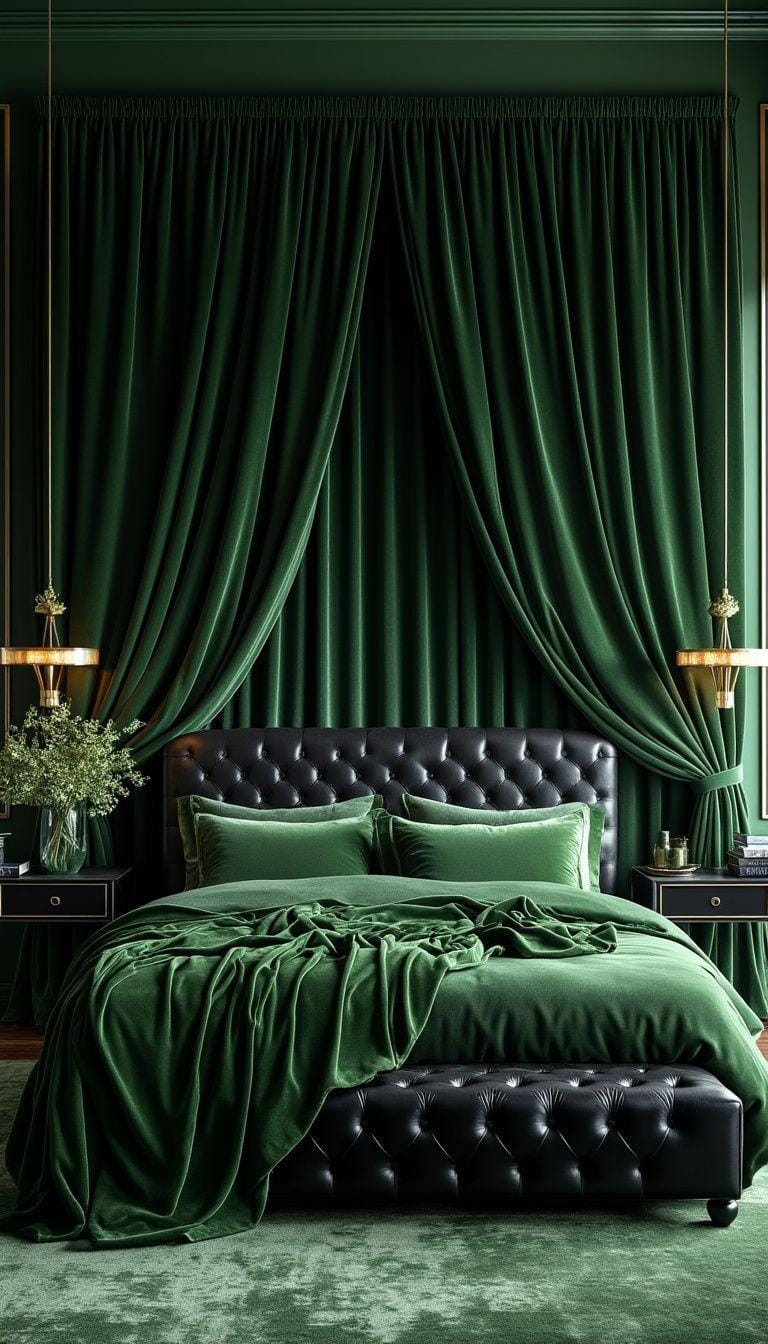 20 elegant black and green bedroom ideas that you have to see 6 2. Emerald accents: Integrate green velvet curtains and a black leather head for a luxurious feeling-0