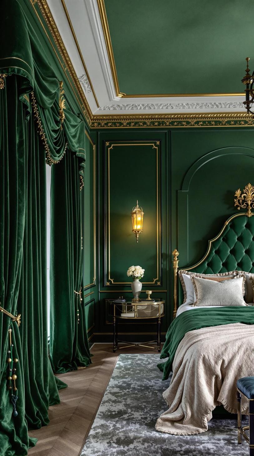 20 moody green bedroom ideas for a cozy retreat 3 1st emerald oasis: lush deep green walls paired with velvet curtains and brass accents for an opulent look-0