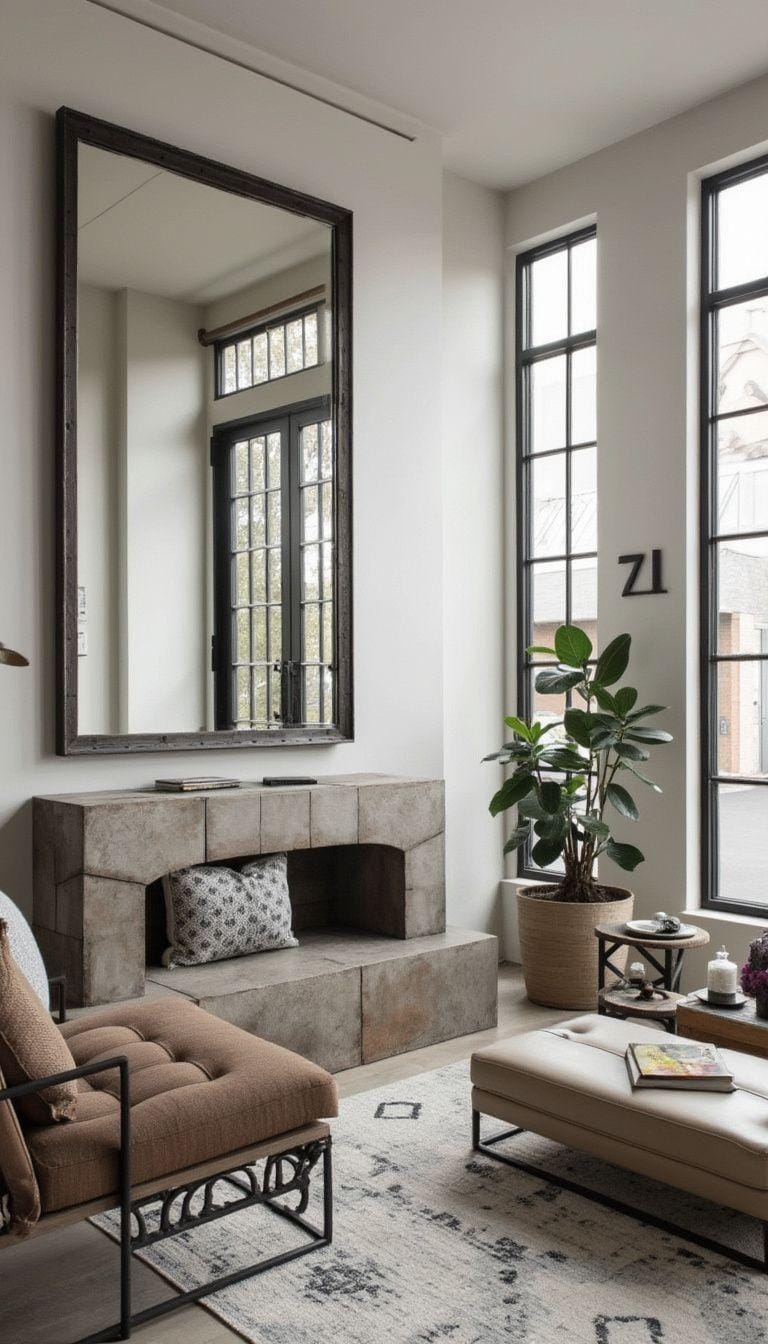 21 Best industrial farmhouse living room ideas for inspire 61 21. Emphasize a minimalist industrial layout with an oversized steel frame mirror that sprays over steamed tones and unvarnished materials.