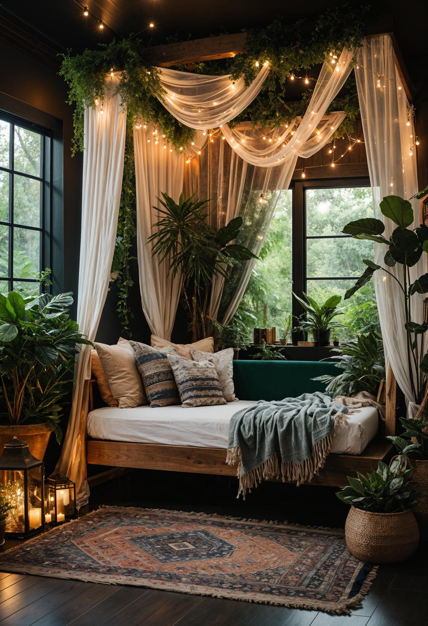 35 Gorgeous Dark Boho Living Room Inspirations 17 10. Enchanted Canopy Retreat-0