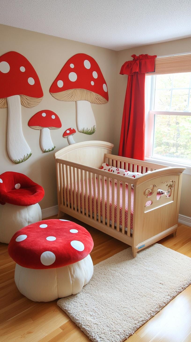 21 Enchanted Forest Nurily Ideas for magical mood 17 5. Enchanted Pilz Lodge with polka point patterns and red accents-1