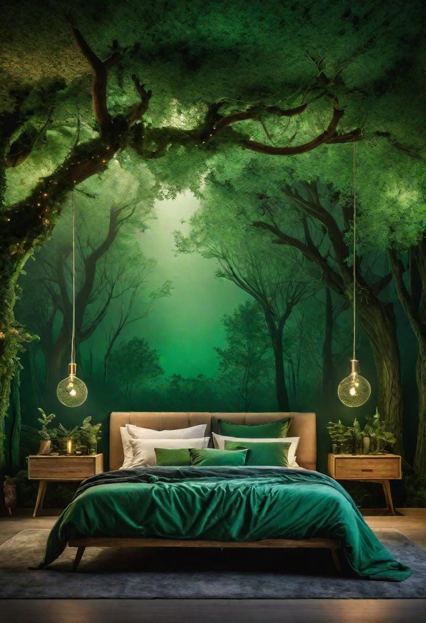 20 moody green bedroom ideas for a cozy retreat 19 6. Enchanted Woodland: combine forest green with wallpaper with tree motifs and bizarre, fairytale lighting-0