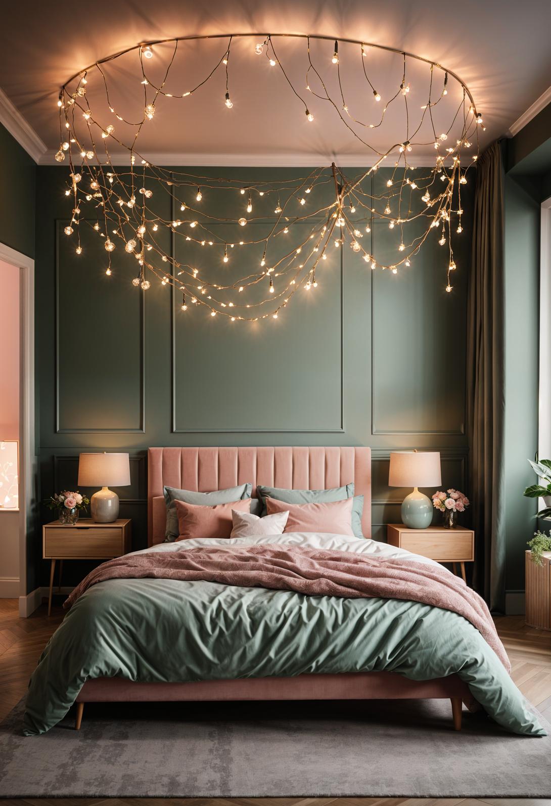 30 Chic Sage Green and Blush Bedroom Ideas 49 25. Enchanting Fairy Lights for Bedrooms-0