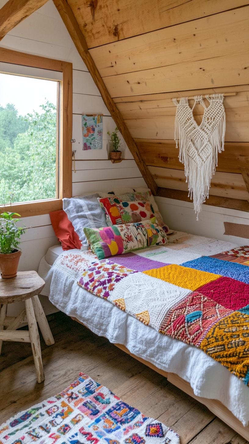21 sweet attic bedroom ideas that you will love 60 19. Enter a creative boho-indie look with macramé walls and a colorful patchwork-spread-0