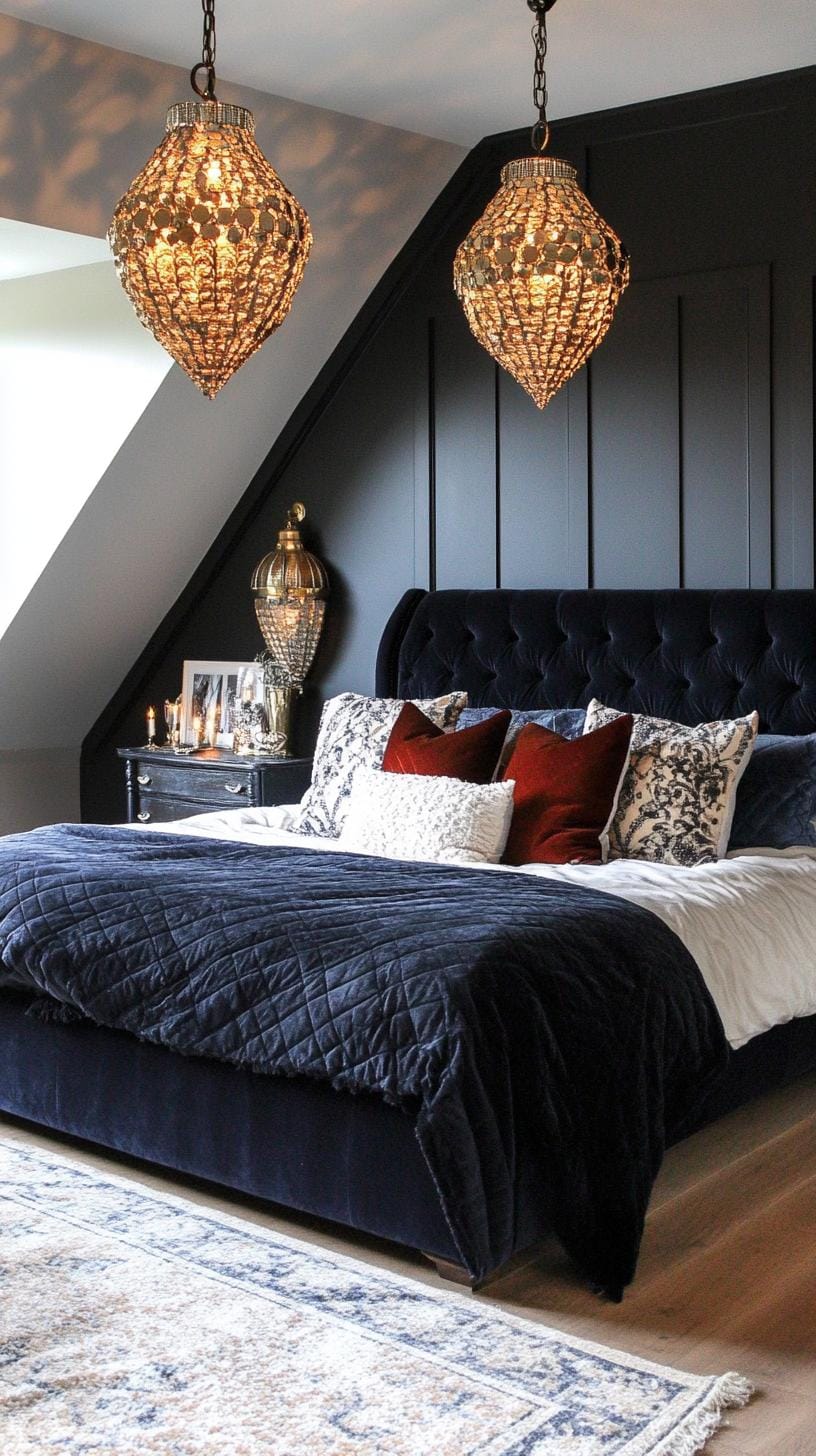 21 sweet attic bedroom ideas that you will love 29 9. Create an atmospheric sanctuary with deep, dramatic colors with plush textures and metallic elements-0