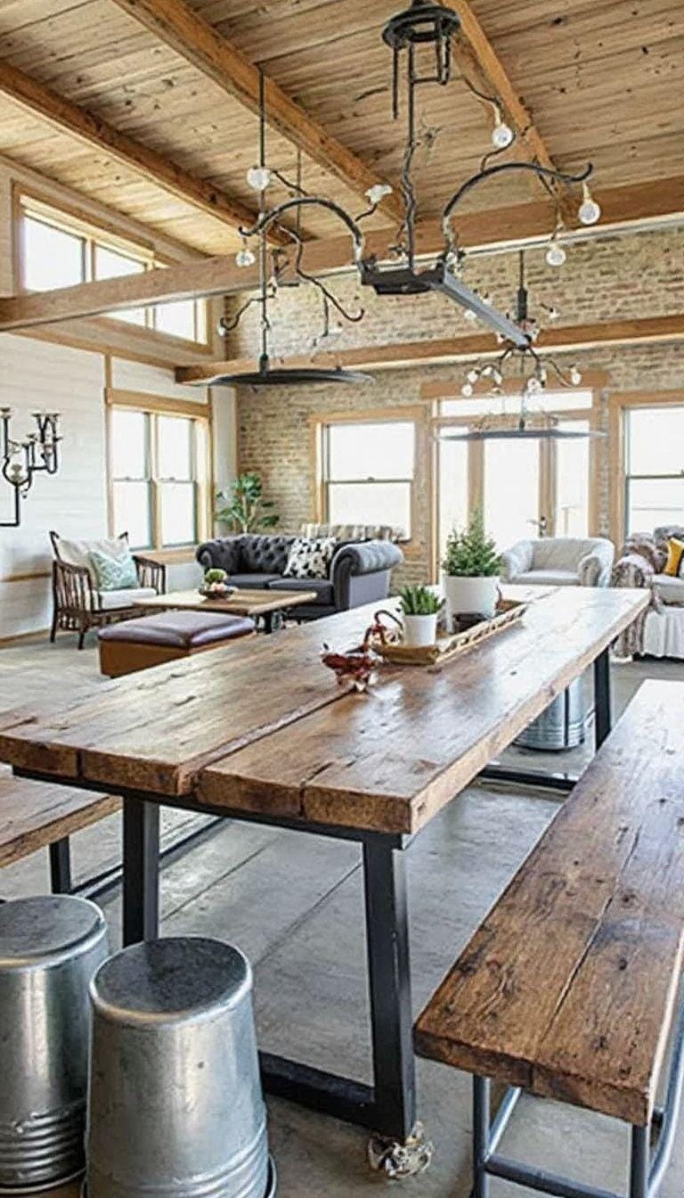 21 Best industrial farmhouse living room ideas to inspire 52 52 18. Look at an inviting meeting room with banical benches in the rustic picnic, galvanized steel steel and a common dining table as a focal point-0