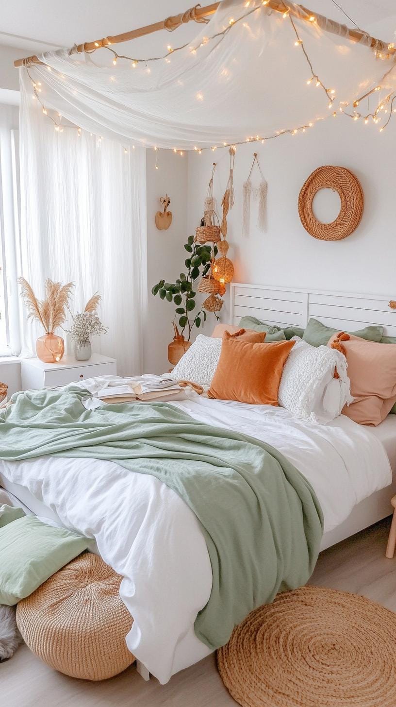 25 einzigartige Salbei grüne Boho Schlafzimmer Ideen für 2025 47 15. Ätherische Beleuchtung: Installieren Sie Saitenlichter in Salbei-Gläsern entlang der Decke, um ein magisches Ambiente-0 zu erreichen