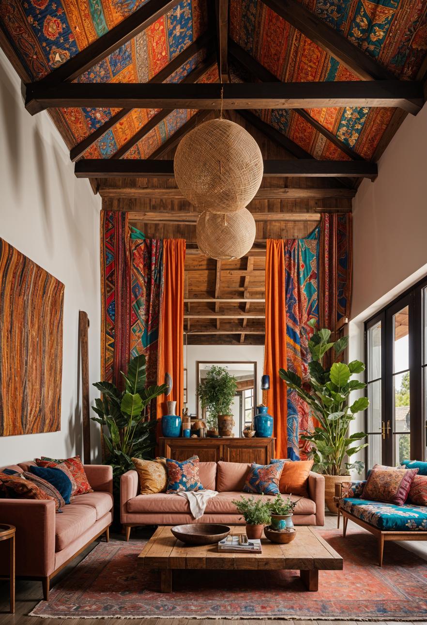45 Chic & Modern Boho Living Room Ideas To Copy 40 17. Ethnic Beam Wraps: Boho Charm-0