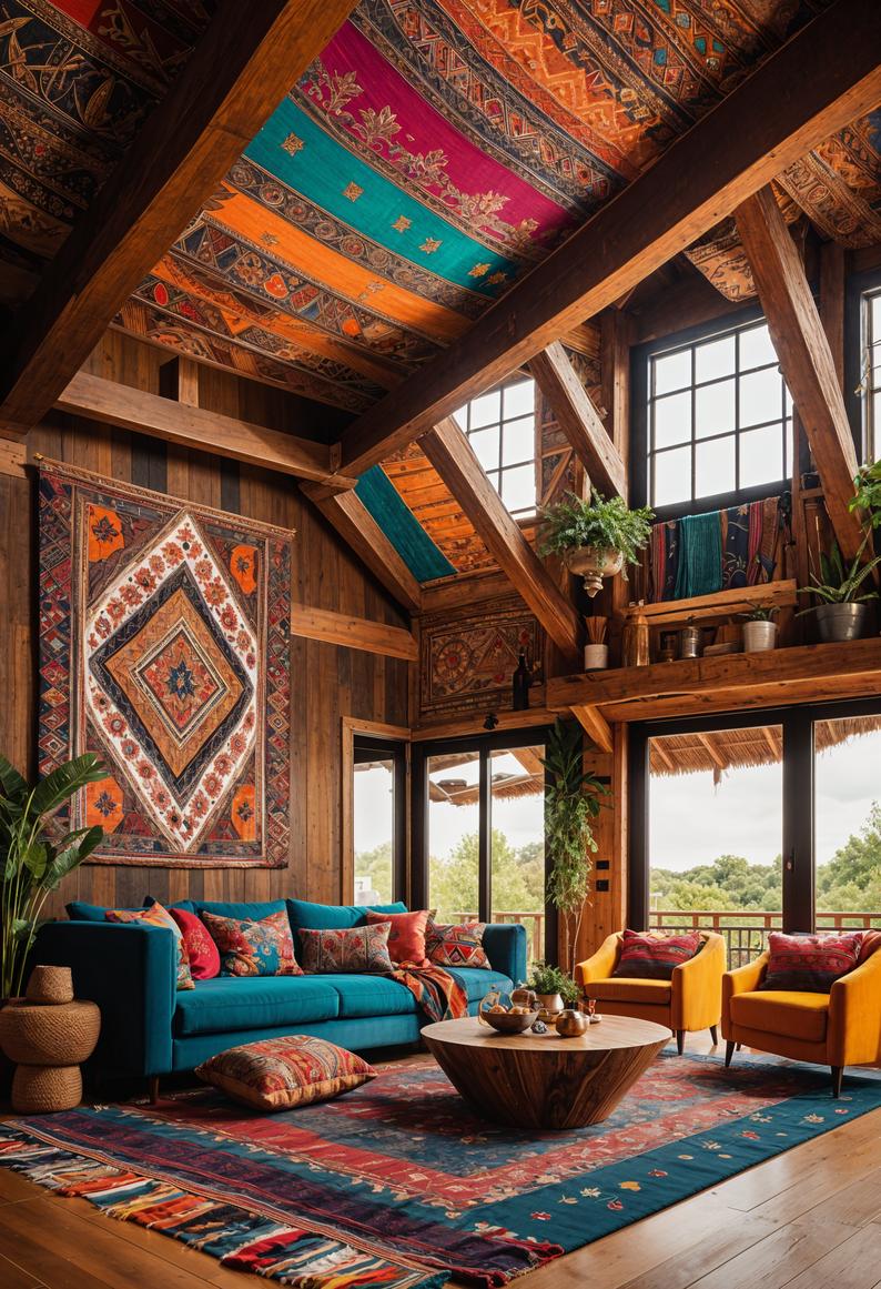 45 Chic & Modern Boho Living Room Ideas To Copy 41 17. Ethnic Beam Wraps: Boho Charm-1
