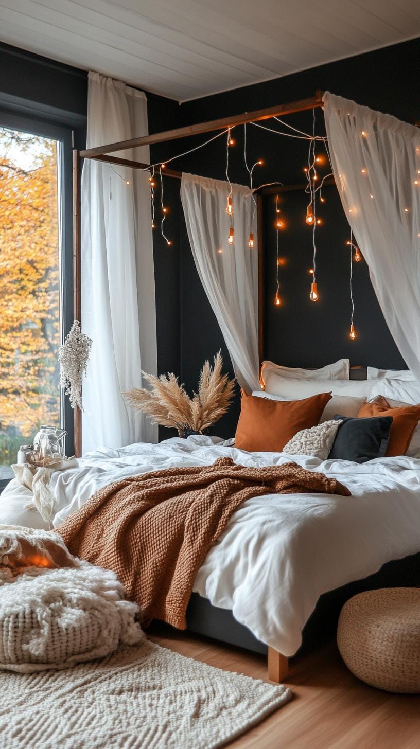 23 atmospheric Boho bedroom ideas for copying 44 15. Fairy lights around the canopy bed for soft, mystical glow-0