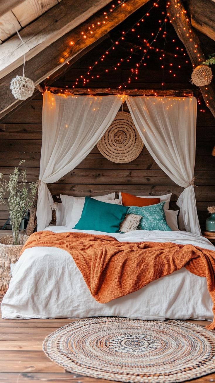 23 Atmospheric Boho bedroom ideas for copying 45 15. Fairy light around the canopy bed for soft, mystical glow-1