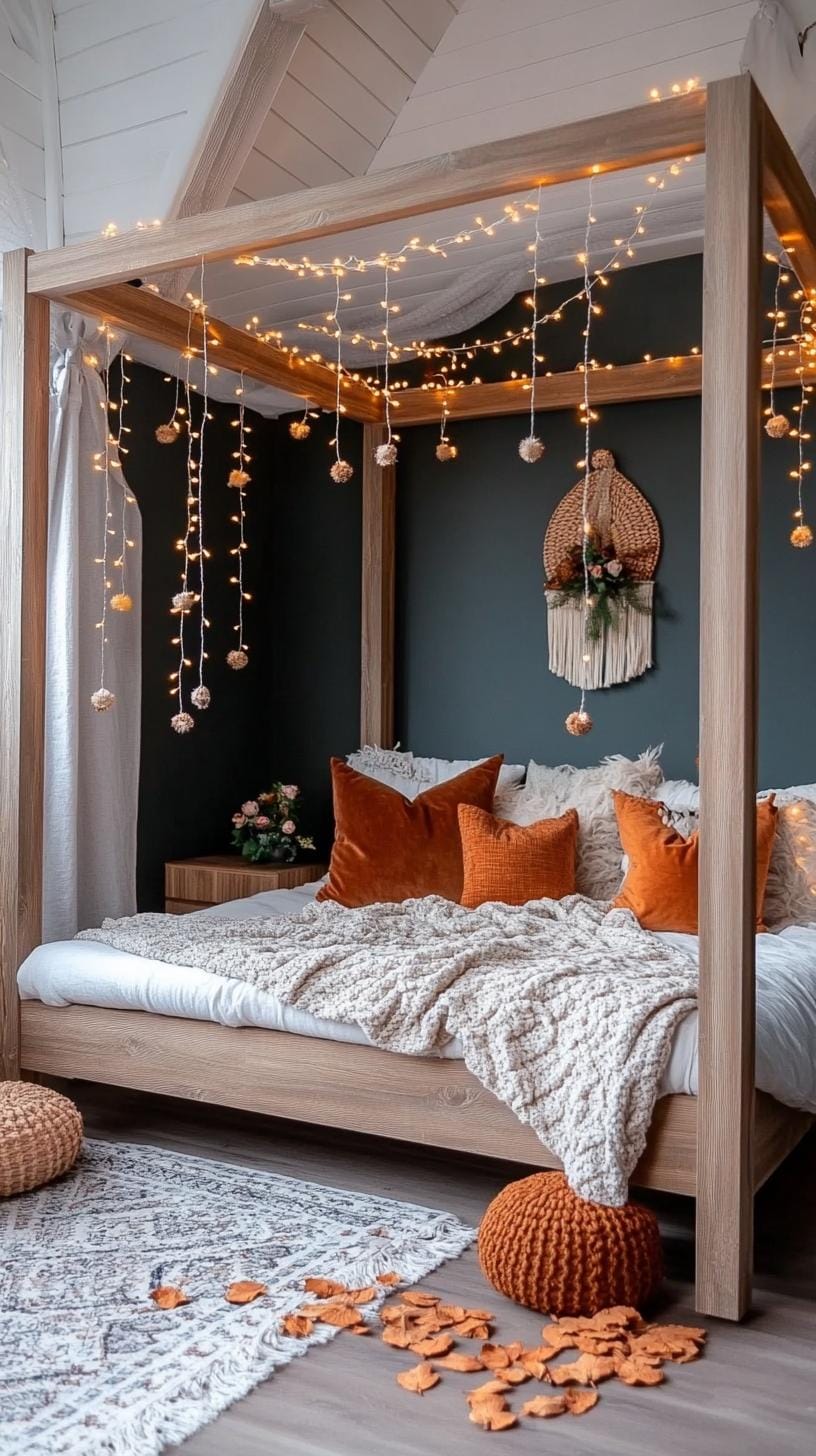 23 Atmospheric Boho bedroom ideas for copying 46 15. Fairy lights around the canopy bed for soft, mystical glow-2