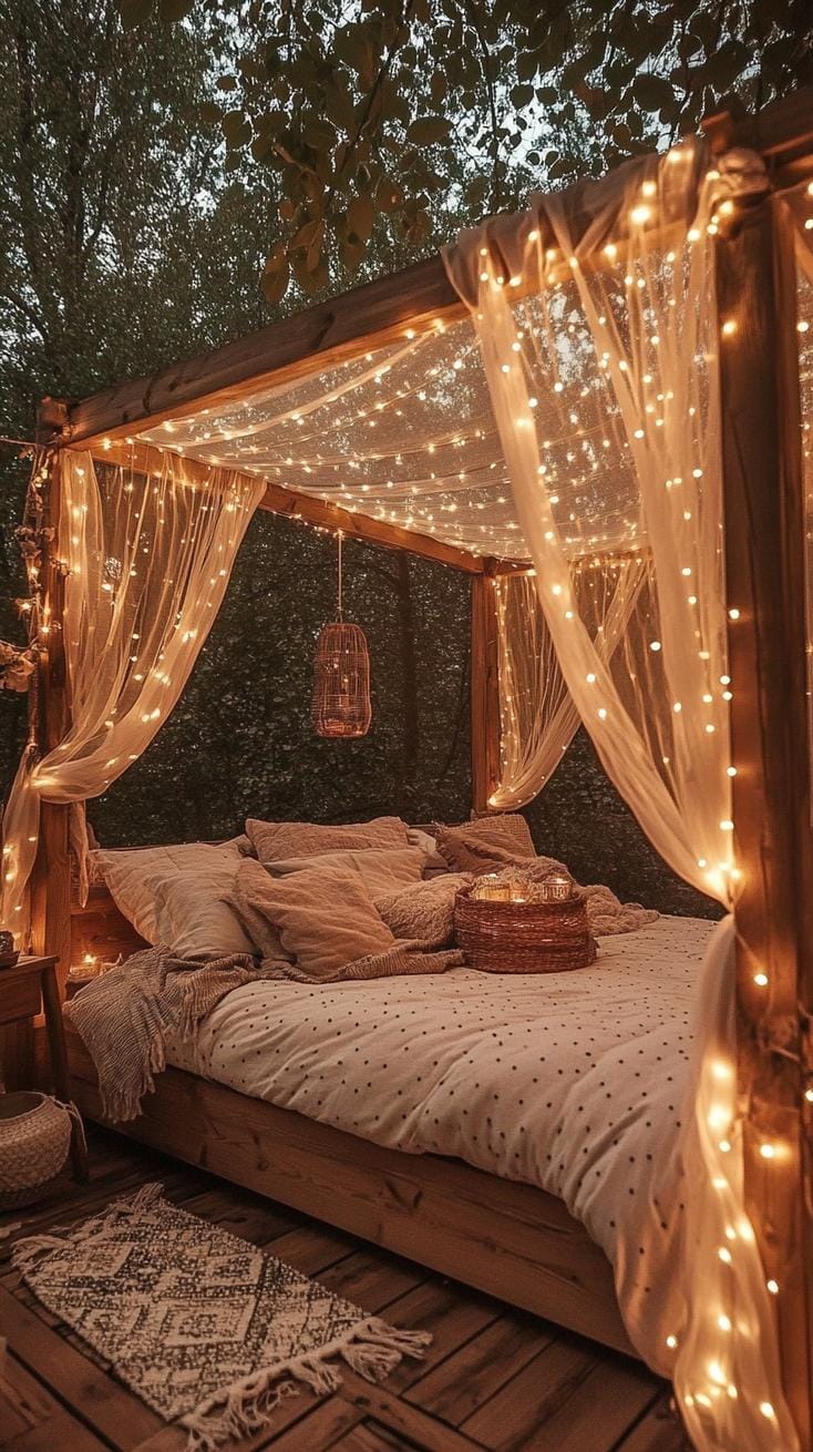 23 atmospheric Boho bedroom ideas for copying 47 15. Fairy lights around the canopy bed for soft, mystical glow-3