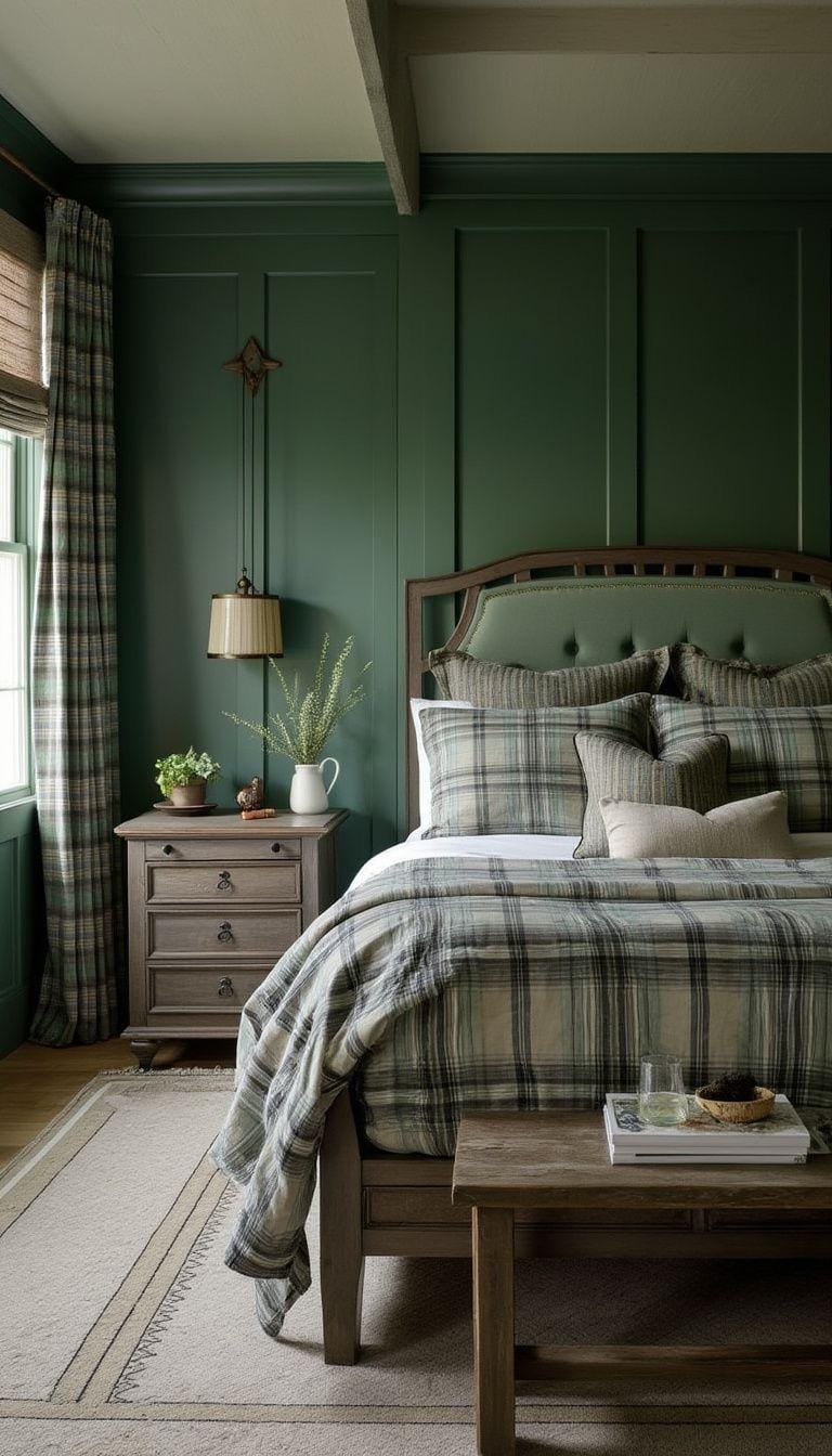 20 moody green bedroom ideas for a cozy retreat 34 11. Farmhouse Elegance: Mix Hunter Green with checkered textiles and needy furniture for a chic farmhouse look-0