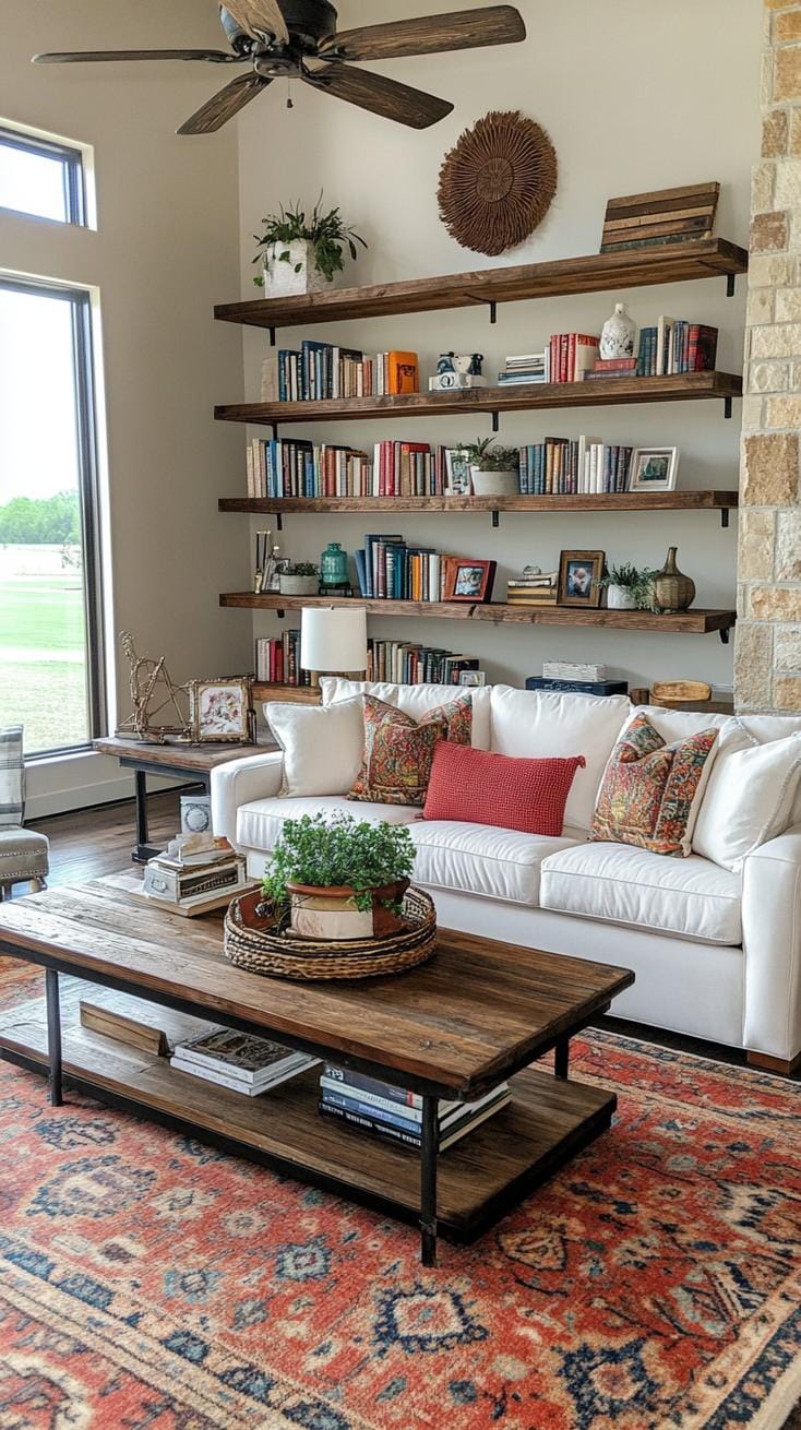 23 Best modern farmhouse living room ideas to inspire you 36 12. Farmhouse Stepped Bookshelves with versatile decor-1