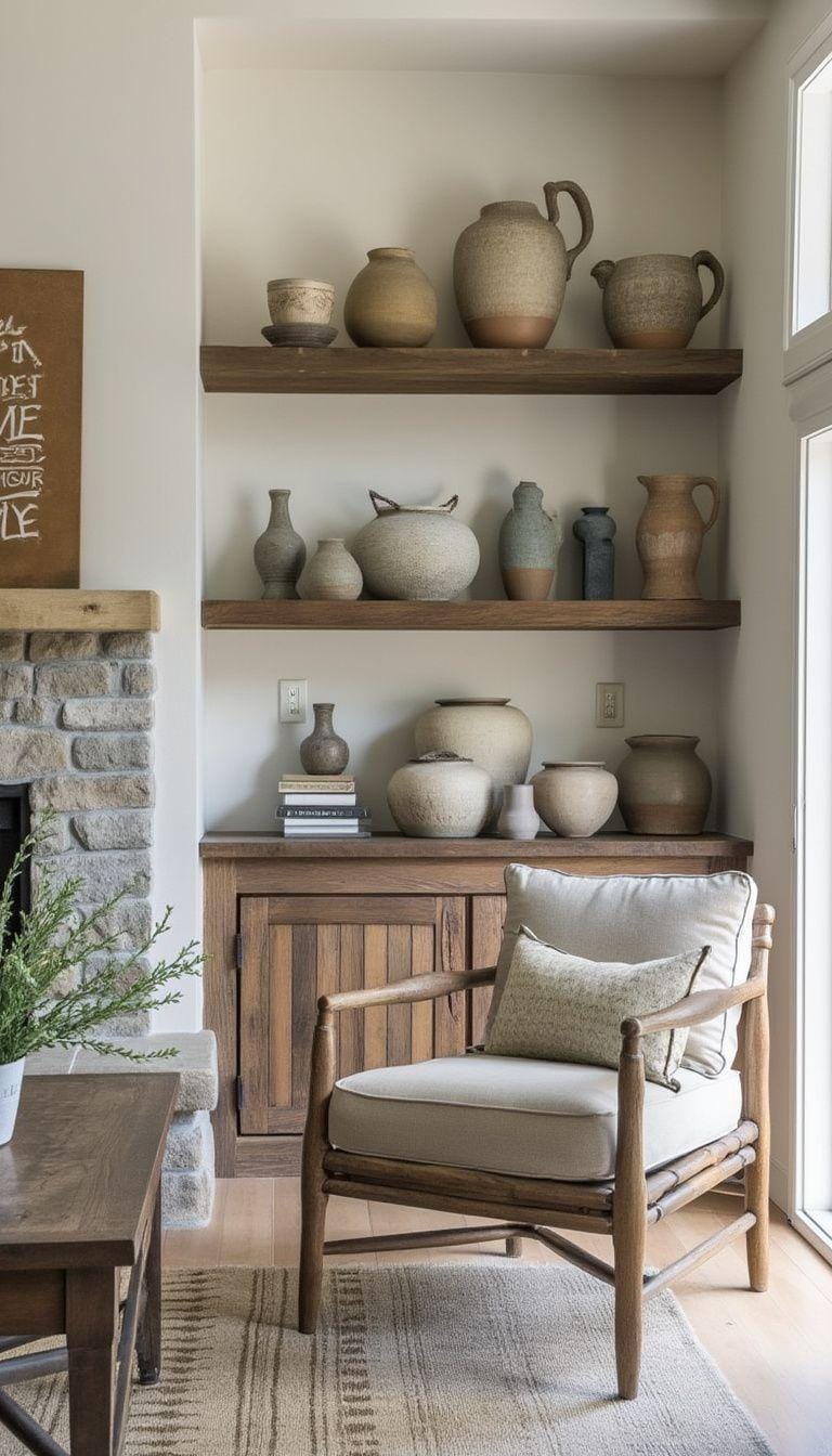 23 Best modern farmhouse living room ideas to inspire you 67 22. Farmhouse style open shelves with manual pottery displays-0