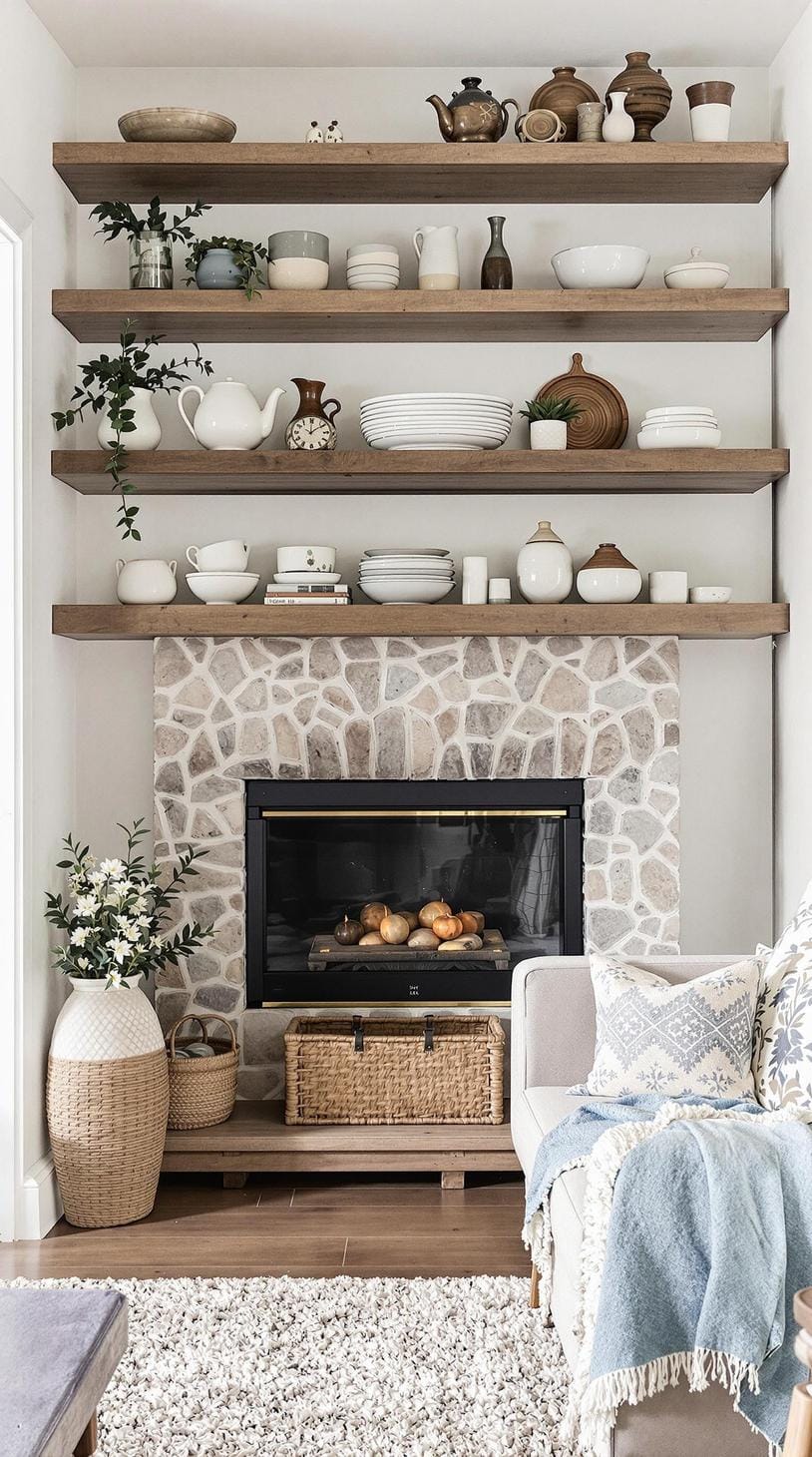 23 Best modern farmhouse living room ideas to inspire you 68 22. Farmhouse style open shelves with craftsmanship ceramic displays-1