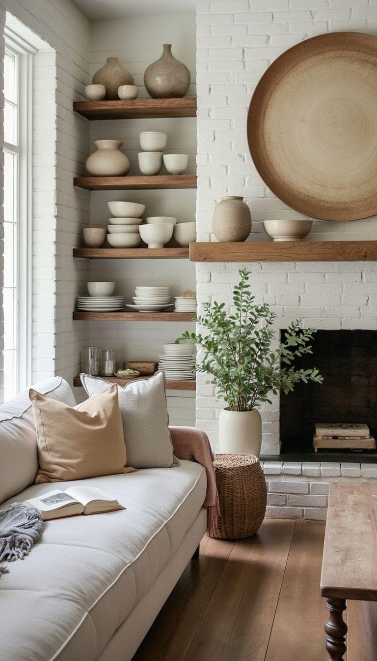 23 Best modern farmhouse living room ideas to inspire you 69 22. Peasant style open shelves with manual pottery displays-2