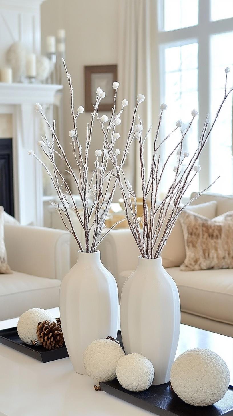 21 Cozy organic modern living room ideas for copying 60 20. Faux snow-covered branches in neutral vases for a winter touch-0