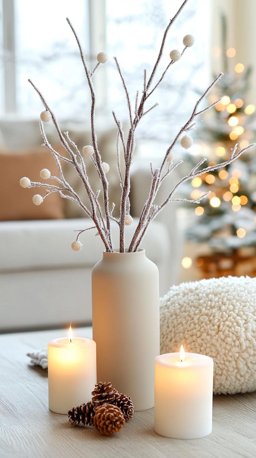 21 cozy organic ideas for modern living room to copy 61 20. Faux snow-covered branches in neutral vases for a winter touch-1